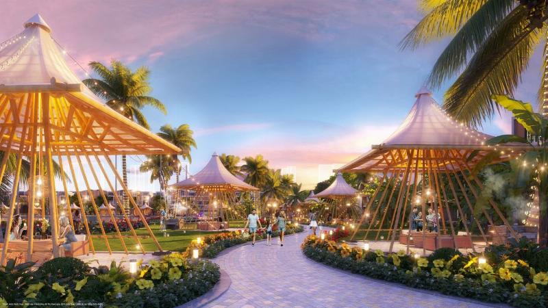 Hình ảnh Vịnh biển bốn mùa Paradise Bay tại Vinhomes Ocean Park 3 với bãi cát trắng, biển xanh và các trò chơi dưới nước.