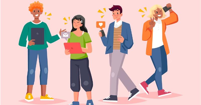 Hình minh họa các đặc điểm nổi bật của Gen Z: sử dụng thành thạo công nghệ, sáng tạo, tự tin, quan tâm đến xã hội. Sử dụng biểu tượng điện thoại, máy tính, bóng đèn ý tưởng, biểu tượng mạng xã hội, biểu tượng đa dạng.