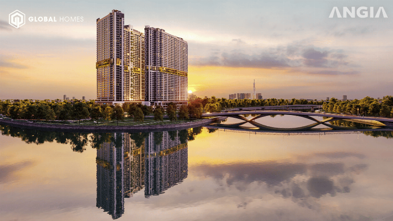 Bố trí mặt bằng điển hình của một căn hộ 2 hoặc 3 phòng ngủ tại chung cư Westgate An Gia Bình Chánh, làm nổi bật cách bố trí phòng, cửa sổ, ban công/logia để thể hiện sự thông thoáng và tối ưu công năng.