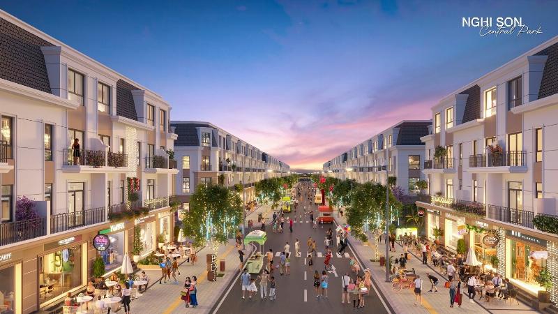 Dãy shophouse sầm uất tại khu đô thị Thanh Hà với các cửa hàng đang hoạt động, thể hiện tiềm năng kinh doanh