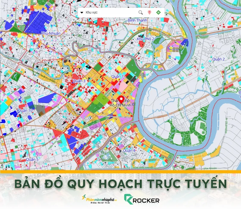 Màn hình điện thoại hiển thị một ứng dụng hoặc website tra cứu quy hoạch, với một thửa đất được khoanh vùng màu sắc khác nhau thể hiện mục đích sử dụng theo quy hoạch, sau khi nhập số tờ, số thửa